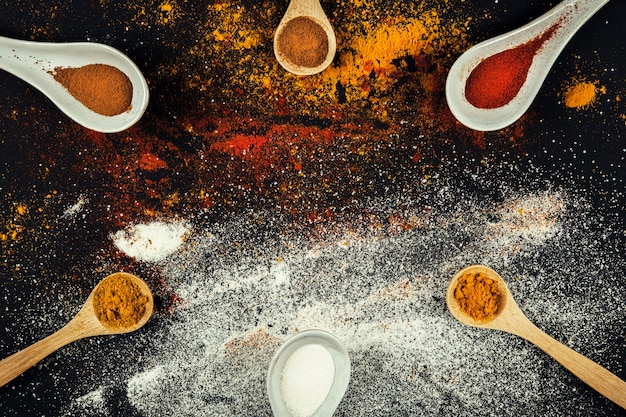 Oriental spices on six spoons