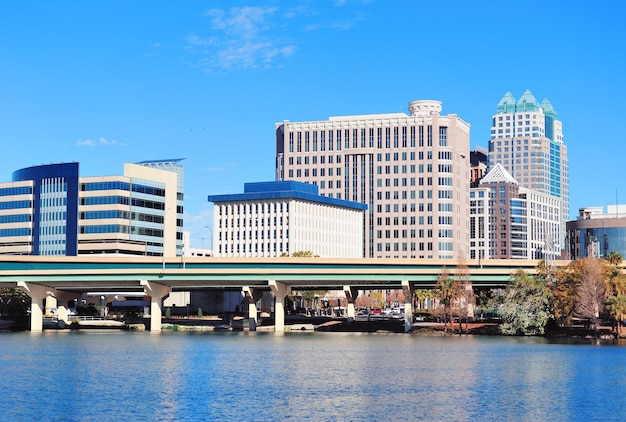 Orlando Lake Lucerne panorama in the morning with office buildings and bridge