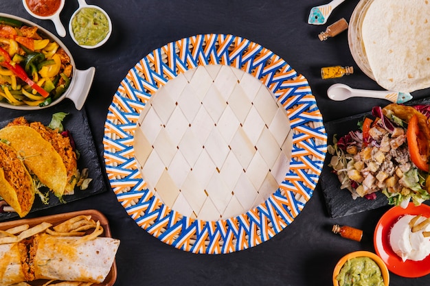 Ornamental plate among Mexican food
