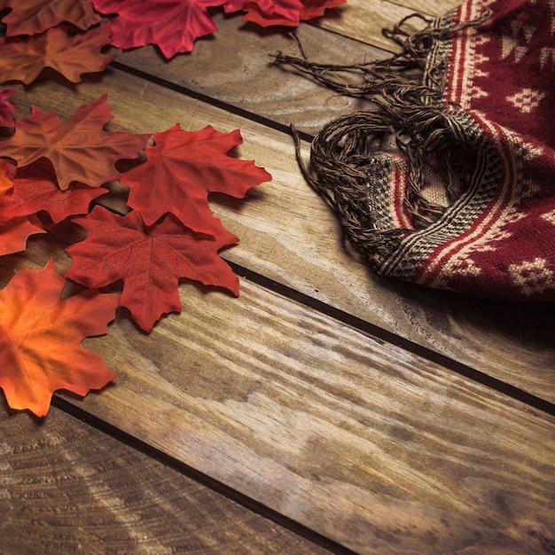 Ornamented scarf and autumn leafs set 