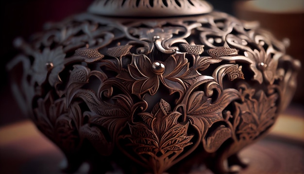 Free photo ornate antique vase with intricate floral pattern design generated by ai