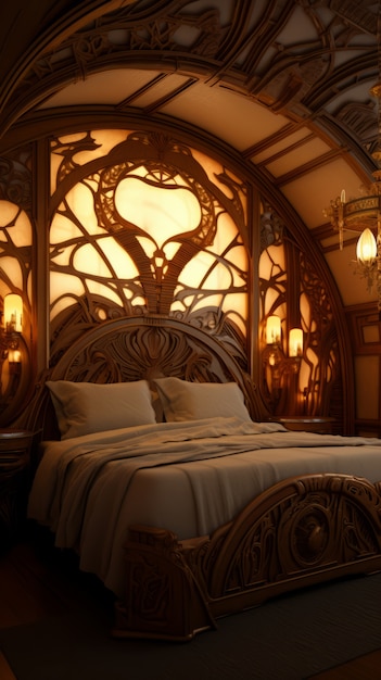 アート・ヌーヴォー様式の装飾されたベッド