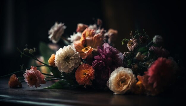 Ornate bouquet of chrysanthemums on rustic table generated by AI