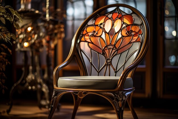 Ornate chair in art nouveau style with stained glass