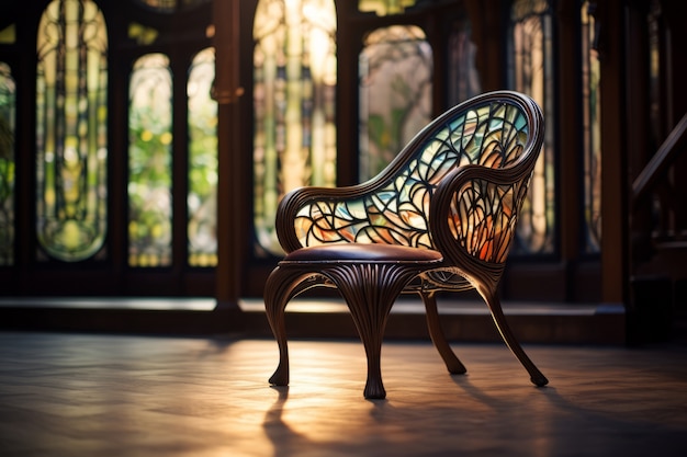 無料写真 アート・ヌーヴォー様式の装飾された椅子とステンドグラス