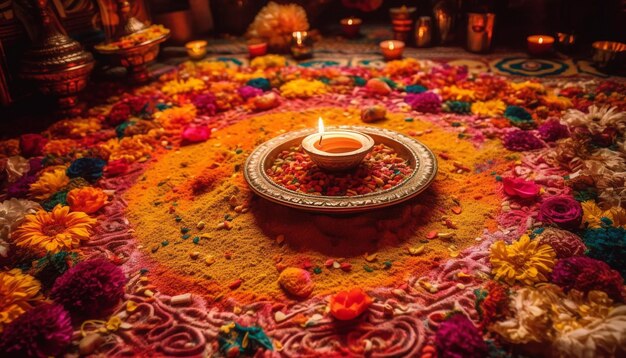 Ornate diya izes spirituality in Hindu celebration generated by AI