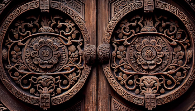 Богато украшенный дверной проем со старинными деревянными и металлическими акцентами, созданными искусственным интеллектом