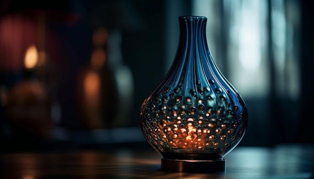 Ornate glass bottle on wooden table shines generated by AI