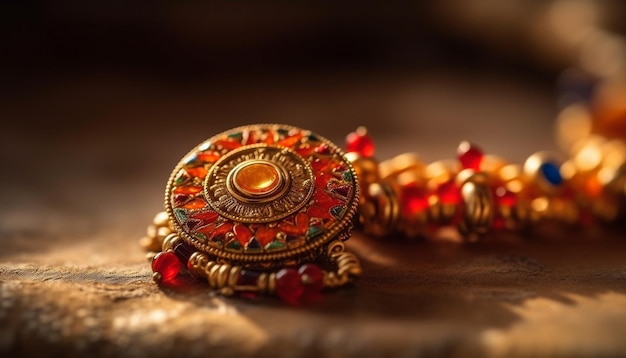 Ornate gold necklace symbolizes Hindu spirituality and wealth generated by AI