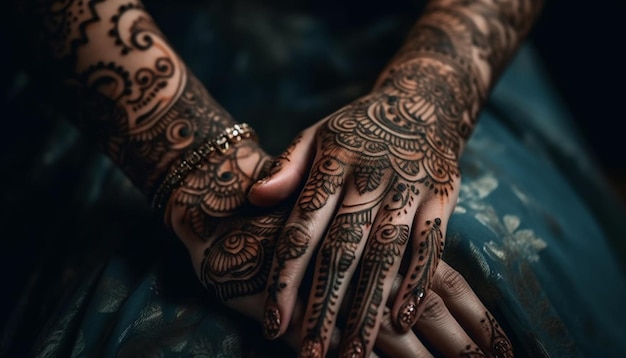 Foto gratuita il tatuaggio ornato all'henné aggiunge eleganza alla mano generata dall'intelligenza artificiale