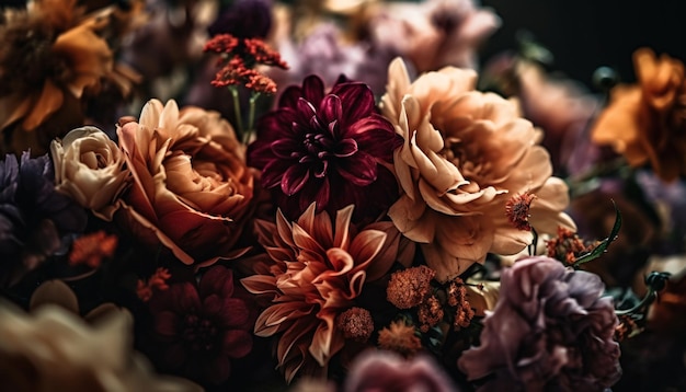 華麗な木製の花瓶には、AI によって生成された新鮮な花束が屋内に保持されます