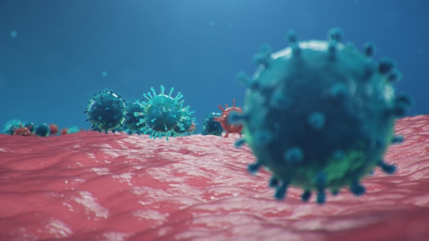 Outbreak of chinese influenza - called a coronavirus or 2019-ncov, which has spread around the world. danger of a pandemic, epidemic of humanity. close-up virus under the microscope. 3d illustration