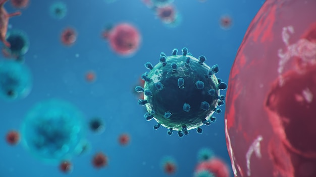 Outbreak of chinese influenza - called a coronavirus or 2019-ncov, which has spread around the world. danger of a pandemic, epidemic of humanity. human cells, the virus infects cells. 3d illustration