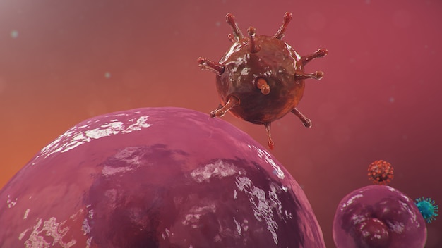 Outbreak of coronavirus, flu virus and 2019-ncov. human cells, the virus infects cells. covid-19 under the microscope, pathogen affecting the respiratory system. 3d illustration