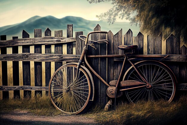 Outdoor fence wood and bicycle old fashioned generative AI