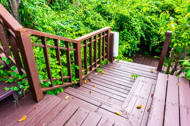 Outdoor wooden stair in the forest