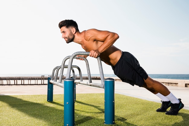 Outdoors exercises next to seaside 