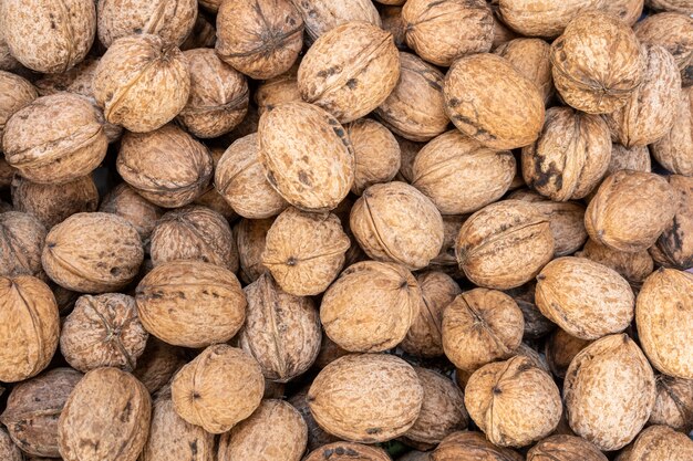 Overhead closeup shot of a huge pile of walnuts displayed under the sun
