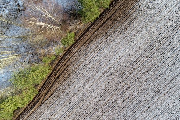 Overhead shot of an agricultural field in the countryside