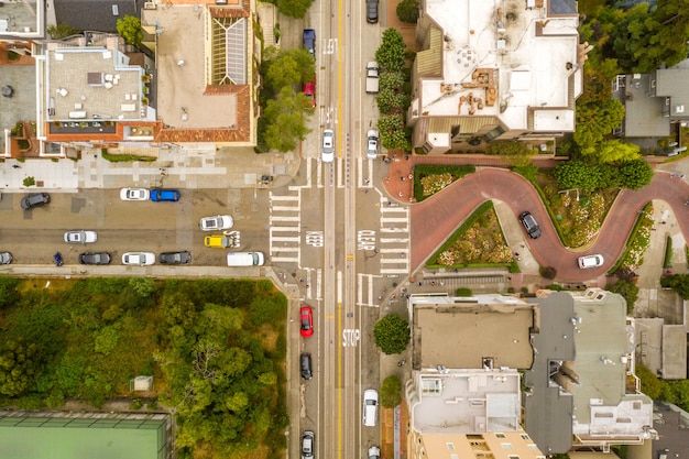 Overhead shot of the buildings and streets of a neighborhood