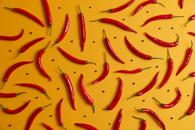 Overhead shot of long thin ripe red chili pepper and black peppercorns arranged around yellow studio wall. Food background. Set of peppers. Variety of spices. Vegetables and nutrition concept
