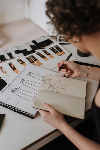 Overhead shot of  young businesswoman and fashion designer reviewing her clothes design sketches