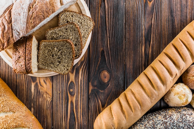 Overhead view of baked bread on table