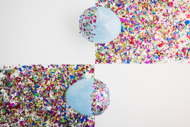 Вид сверху на воздушный шар над красочными конфетти на белом фоне