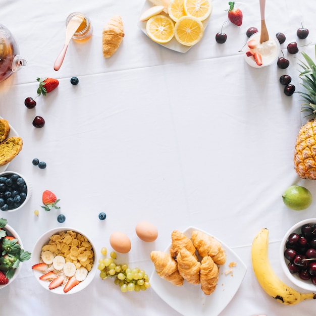 An overhead view of breakfast arranged in the circular shape