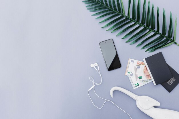 Overhead view of cellphone with earphone, euro currency, passport and leaf on gray background