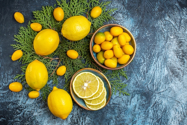 Overhead view of collection of cut and whole natural organic fresh citrus fruits on fir branches on dark background