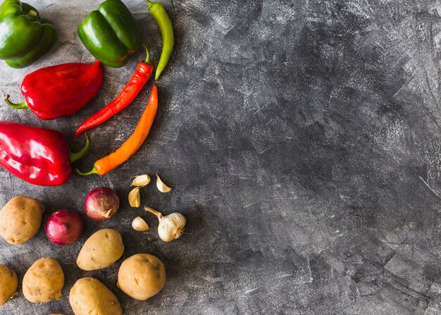 An overhead view of colorful vegetables on grunge background
