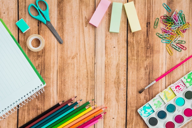 Overhead view of craft accessories on wooden desk