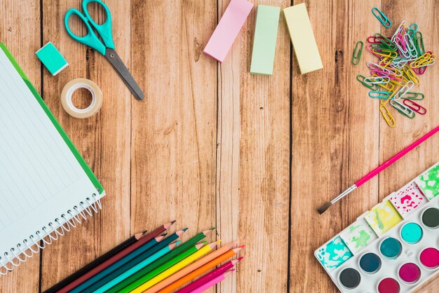 Overhead view of craft accessories on wooden desk