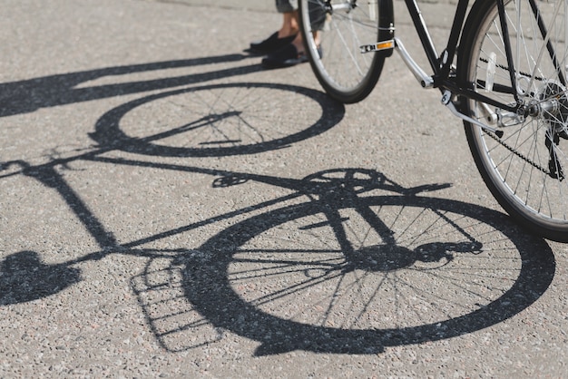 Overhead view of cycle shadow on asphalt