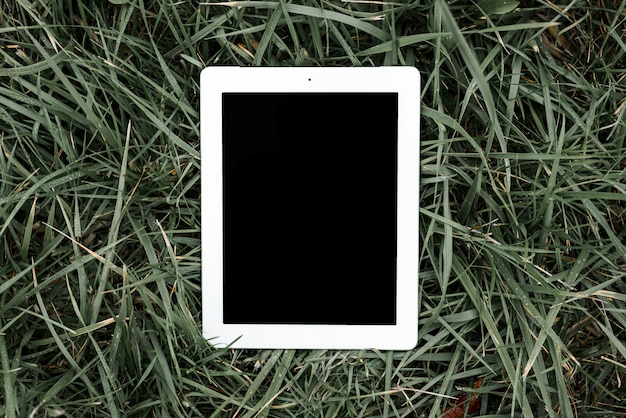 푸른 잔디에 검은 스크린 디지털 태블릿의 오버 헤드보기