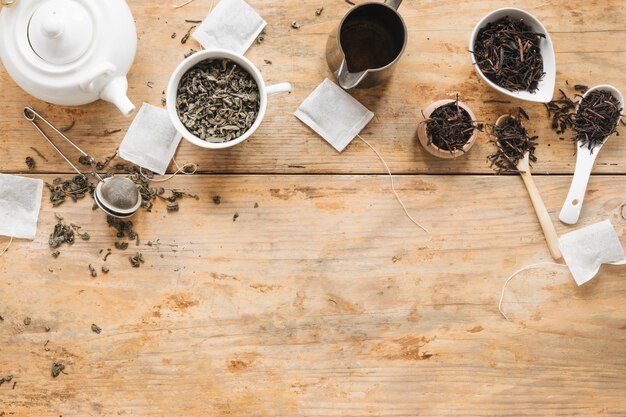 Overhead view of dry tea leaves; teapot; tea strainer; teabag and spoon on wooden table