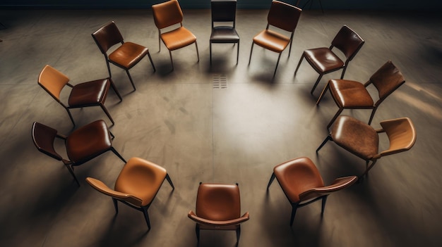 An overhead view of empty classroom chairs arranged in a circle for group discussion