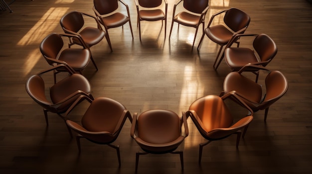An overhead view of empty classroom chairs arranged in a circle for group discussion