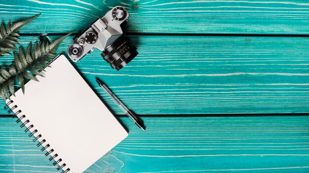 An overhead view of fern leaves; camera; spiral notebook and pen on turquoise wooden background