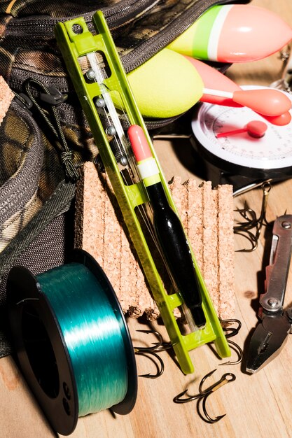 An overhead view of fishing equipment