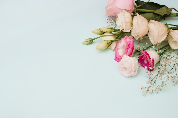 An overhead view of flower bouquet on blue background