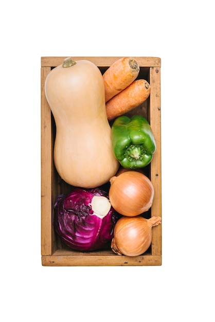 Overhead view of fresh vegetables on white background