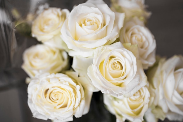 An overhead view of fresh white bouquet roses