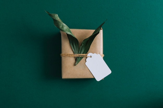 An overhead view of gift box with blank tag and leaves on green background