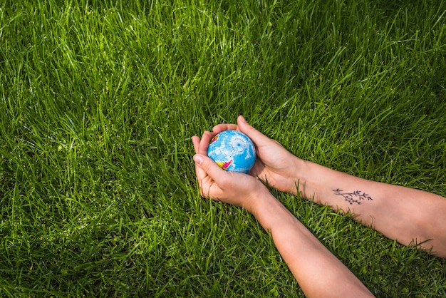 An overhead view of hands holding globe ball on green grass