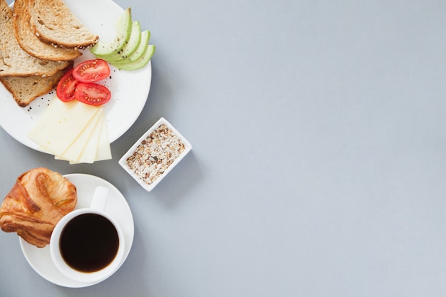 Overhead view of healthy breakfast composition with coffee