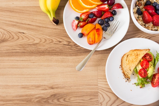 Overhead view of healthy breakfast ingredients