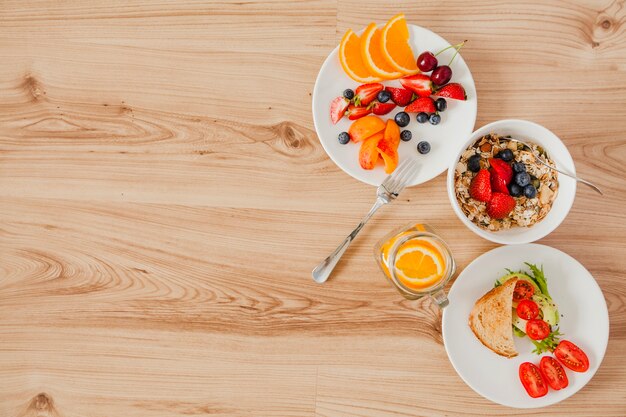 Overhead view of healthy breakfast ingredients