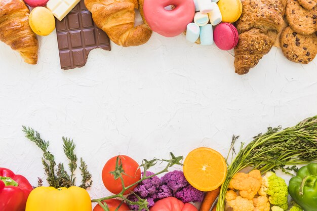 An overhead view of healthy and unhealthy food on white background